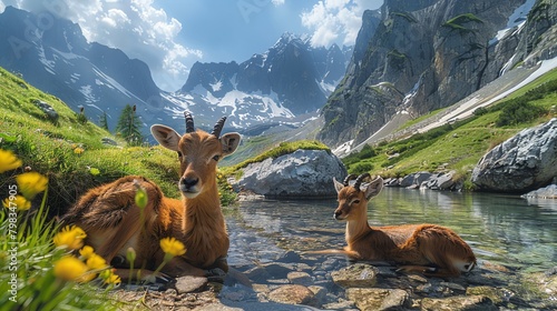 Serene portrait of a baby serow and chamois resting together by a tranquil mountain stream, capturing a moment of peaceful love photo