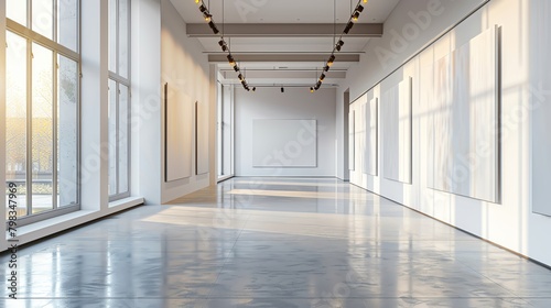 Spacious and airy minimalist gallery space with large mockup canvases on simple walls  bathed in diffused sunlight