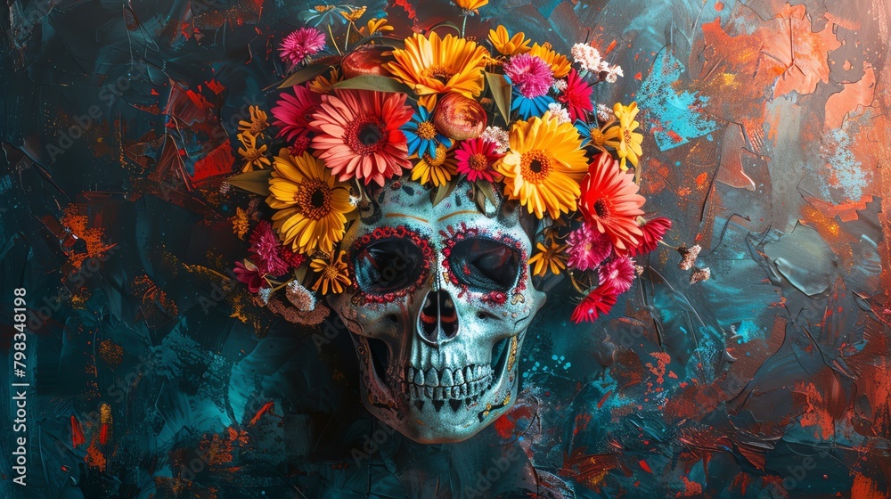 Vibrant skull adorned with a crown of colorful flowers, set against a dark, moody background for a striking contrast - obrazy, fototapety, plakaty 