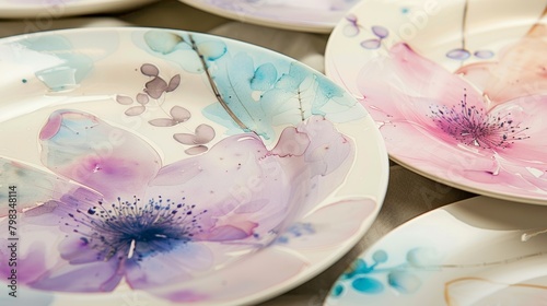 A set of ceramic plates painted with delicate watercolor designs created using the wetonwet technique.. photo