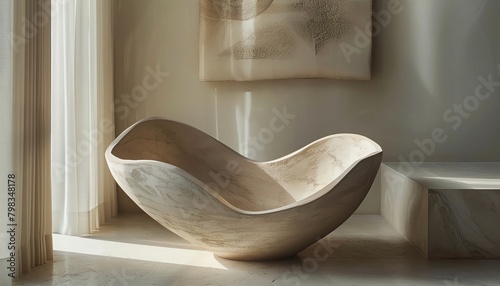 Transform the concept of a minimalist, sleek interior into a stunning clay sculpture from a unique low-angle perspective Emphasize clean lines and simplicity in the design, with a touch of artistic fl