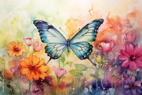 Watercolor painting of a butterfly perched on a vibrant flower, with soft pastel colors and a dreamy garden background