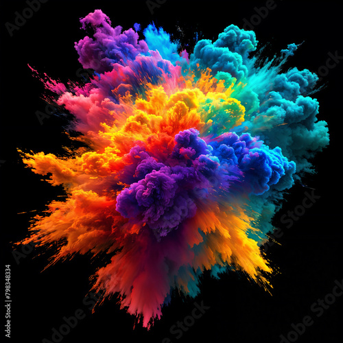 A vibrant explosion of colorful smoke or paint particles, creating a dynamic and eye-catching display against a black background.
