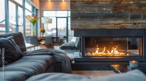 A traditional woodburning fireplace brings a rustic charm to the modern penthouse with a cozy seating area arranged in front for intimate gatherings. 2d flat cartoon. photo