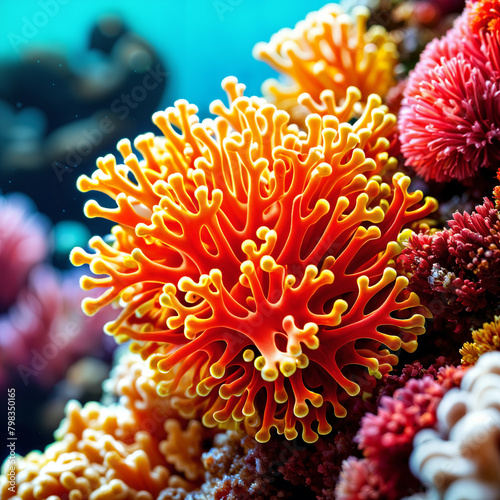 A vibrant underwater scene with a close-up of a coral reef, featuring bright orange and yellow corals surrounded by other colorful marine life. © Aleksei Solovev