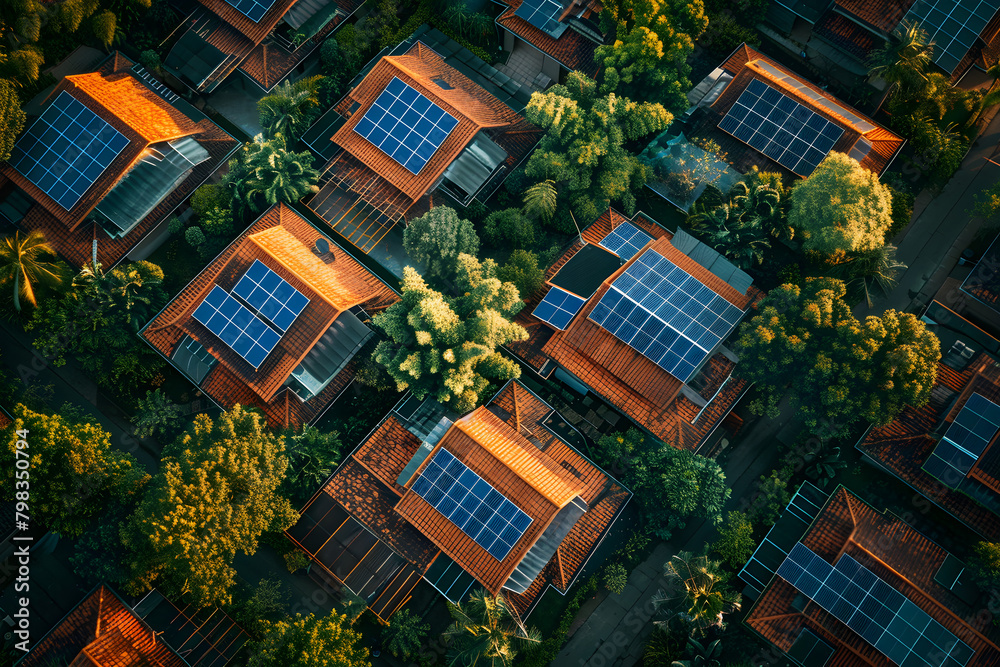 Drone view of residential houses with photovoltaic solar panels, demonstrating alternative and renewable energy concept.