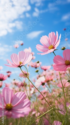 Pink cosmos field landscape sky outdoors.