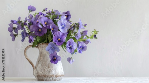 Capture the essence of spring with a vibrant bouquet of fragrant violet viola odorata flowers showcased in a vase against a crisp white backdrop offering ample space for text This authentic