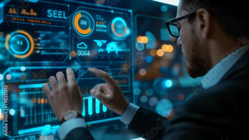 A businessman interacts with a virtual interface displaying sales performance metrics and icons. The image focuses on leveraging technology for data analysis and business growth strategies.  photo