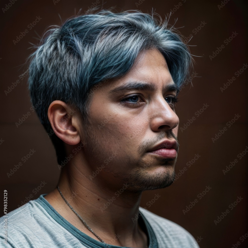 Man with electric blue hair, grey shirt, and gaze fixed on camera Man with electric blue hair, grey shirt, and gaze fixed on camera