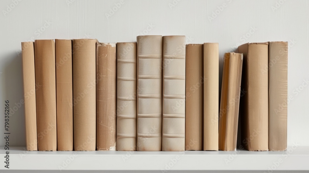 Arrange the pile of brown books on the shelf. Position the books in a ...