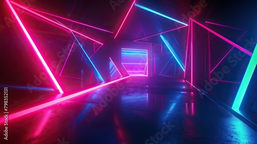 Futuristic neon light filled space dark background few short lines make the shapes of abstract objects