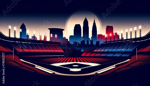 Digital art of a baseball stadium with a city skyline and a giant moon, evoking the romanticism and grandeur of the sport under the Cleveland night sky