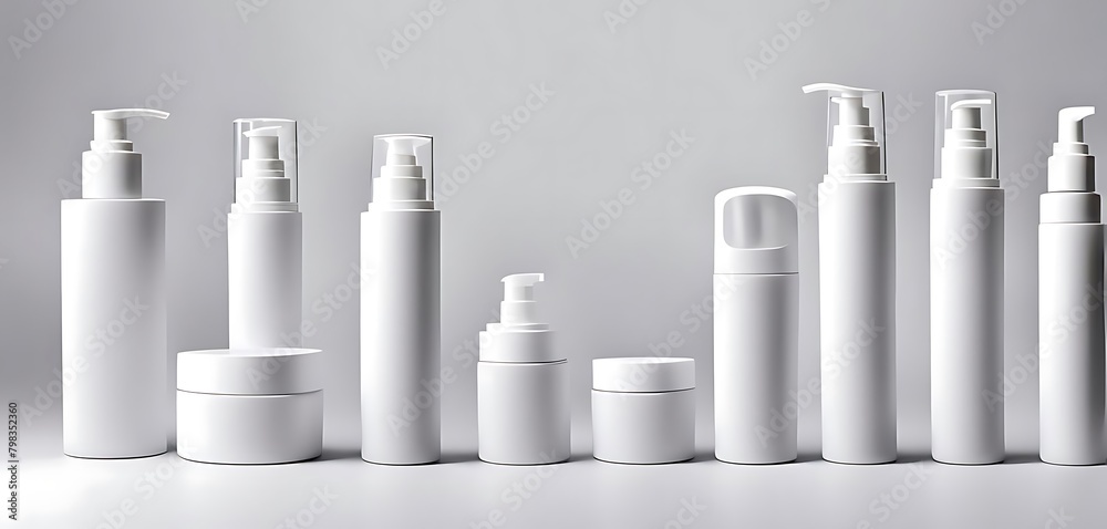 set of pile white blank cosmetic skincare container tube packaging dispenser bottle on white background cutout, Many different design Mockup template for artwork set of pile white blank cosmetic skincare container tube packaging dispenser bottle on white background cutout, Many different design Mockup template for artwork