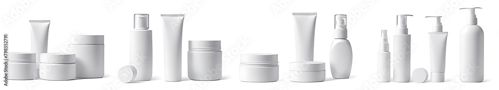 set of pile white blank cosmetic skincare container tube packaging dispenser bottle on white background cutout, Many different design Mockup template for artwork set of pile white blank cosmetic skincare container tube packaging dispenser bottle on white background cutout, Many different design Mockup template for artwork
