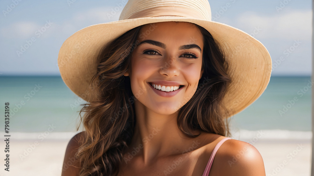 smiling woman using beach hat on beach background
