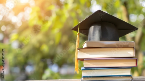 Graduation hat and pile of books on a wooden table with a background of green leaves exposed to sunlight bokeh