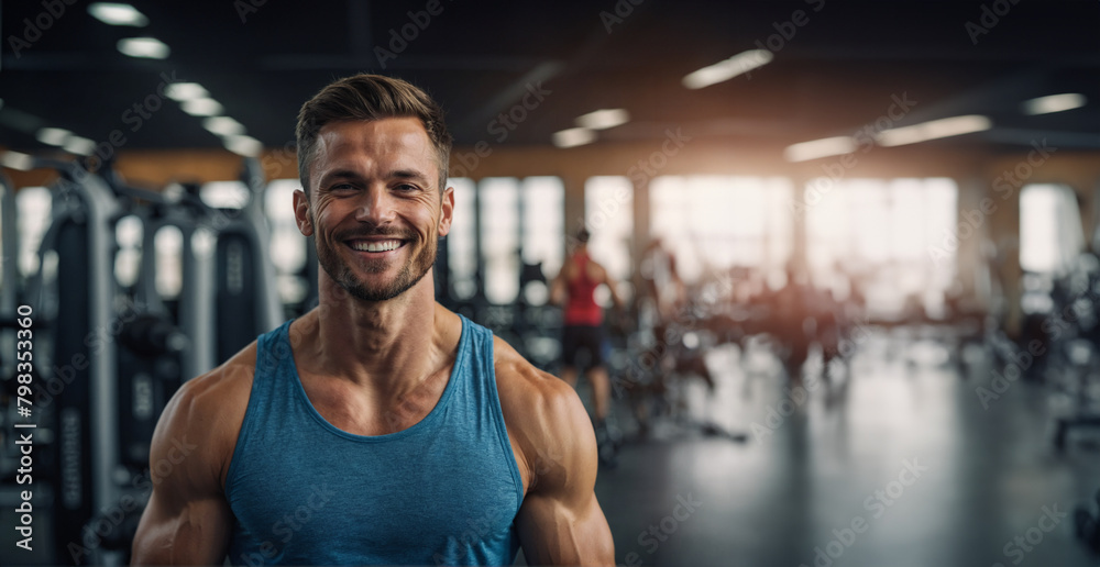 fitness sport man on blur gym background, banner concept
