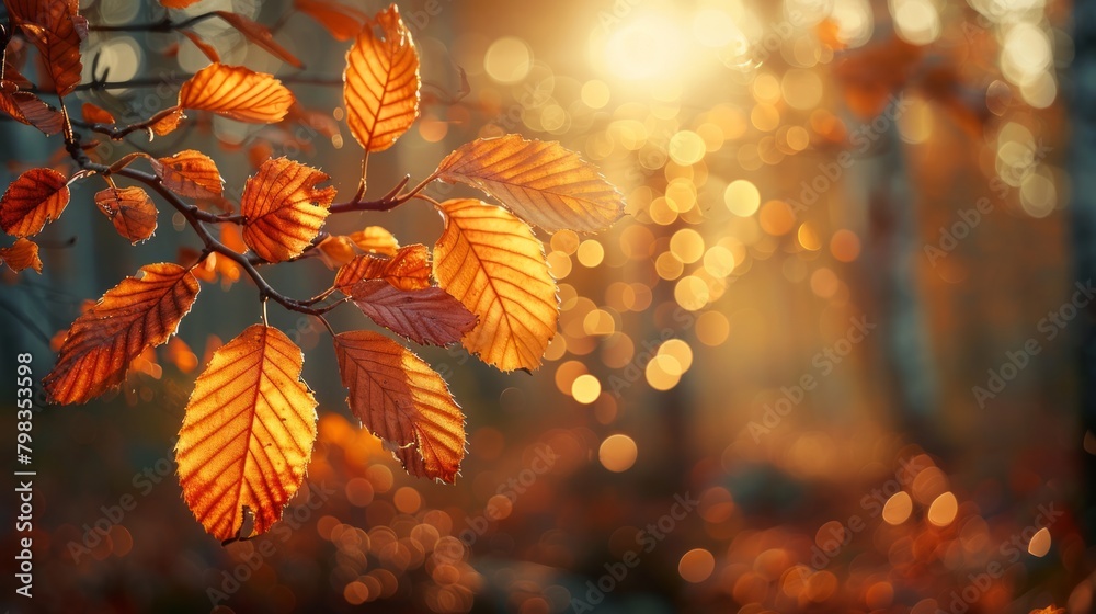 Autumn leaves on branch with warm bokeh and forest background. Autumn leaves on branch with warm bokeh and forest background.