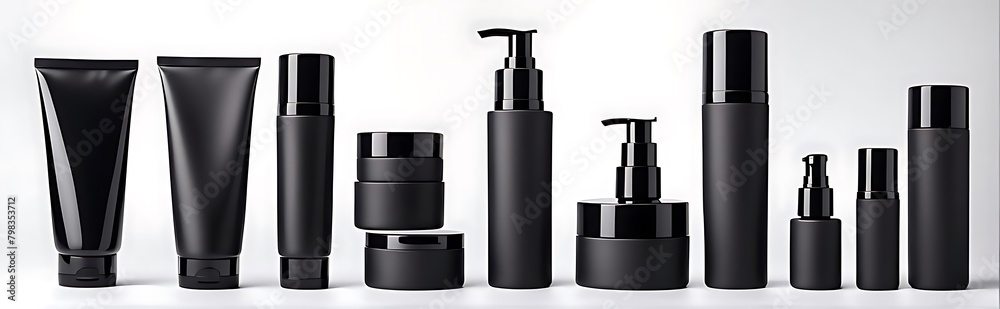 set of pile black blank cosmetic skincare container tube packaging dispenser bottle on white background cutout, Many different design Mockup template for artwork set of pile black blank cosmetic skincare container tube packaging dispenser bottle on white background cutout, Many different design Mockup template for artwork
