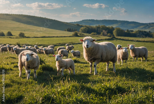 flock of sheep in the meadows.