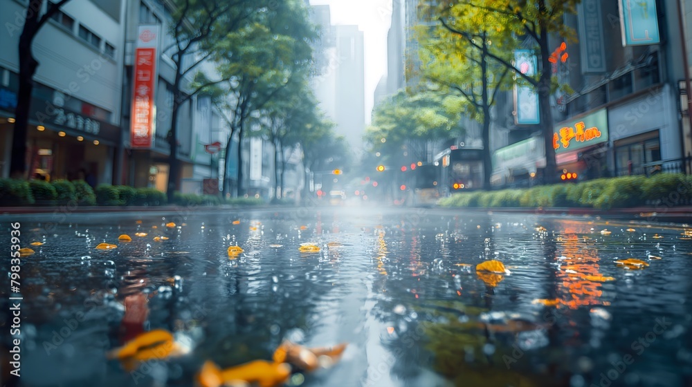 Mystic Urban Rain: Glistening Streets and Golden Leaves in the City Twilight