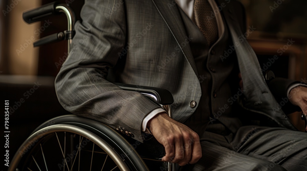 Obraz premium Professional Grace. The Striking Contrast of Sharp Business Attire with the Sleek Lines of a Modern Wheelchair
