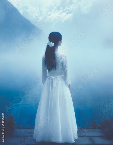 悲しみの底、喪失、霧の中を彷徨う心情をイメージした女性の後ろ姿