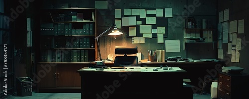 Cinematic scene of a lone whistleblower in a deserted office, sifting through incriminating documents by the light of a single desk lamp, exposing corporate corruption photo
