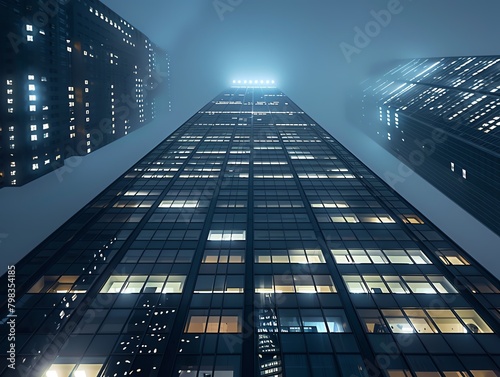 Dramatic depiction of a skyscraper at night  its windows revealing glimpses of latenight dealings and intense negotiations  the hidden face of business competition