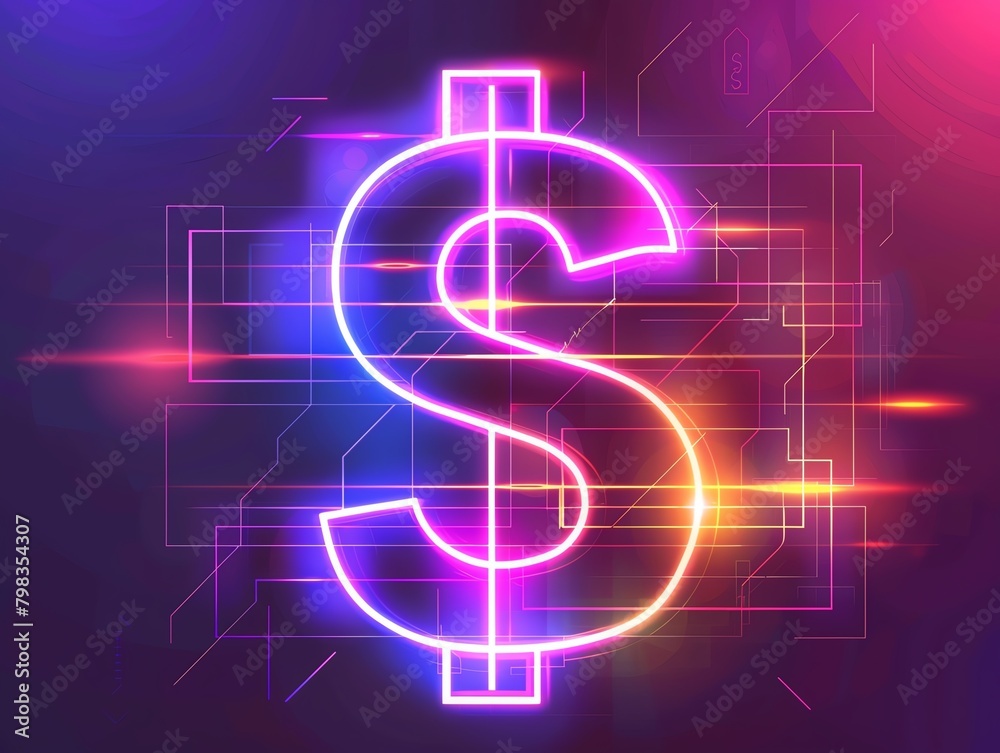 Obraz premium Striking neon dollar sign outlined in simple line art within a glowing light banner, the essence of business finance