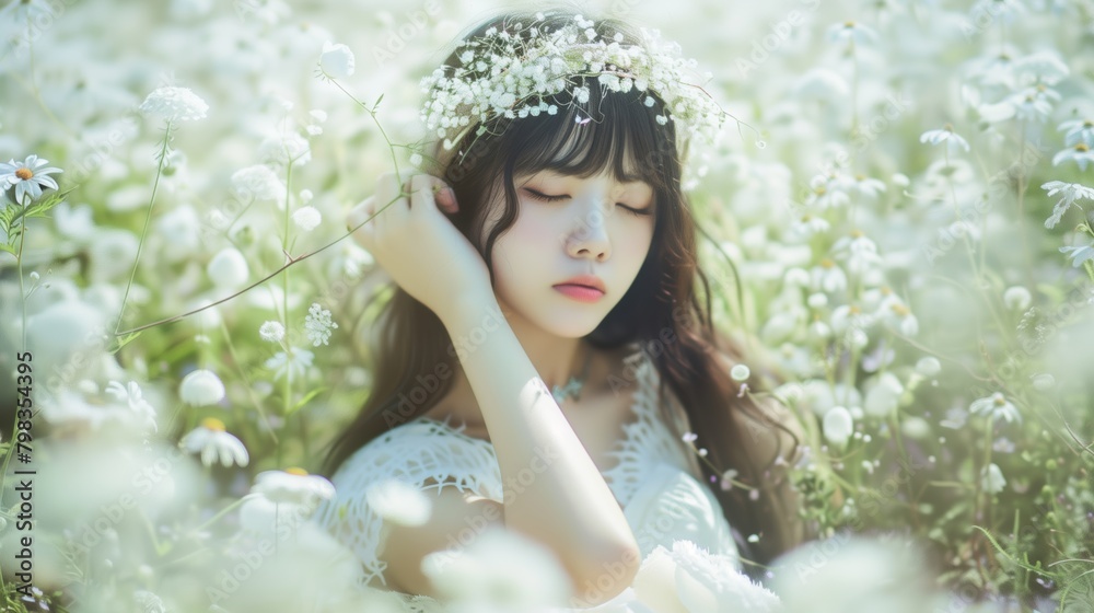 白い花畑の中で花の冠を被った女の子
白い花畑の中で花の冠を被った女の子