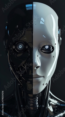 Surreal image of a humanoid robot with a halflit face, one side humanlike and compassionate, the other dark and sinister, embodying the dual nature of AI photo