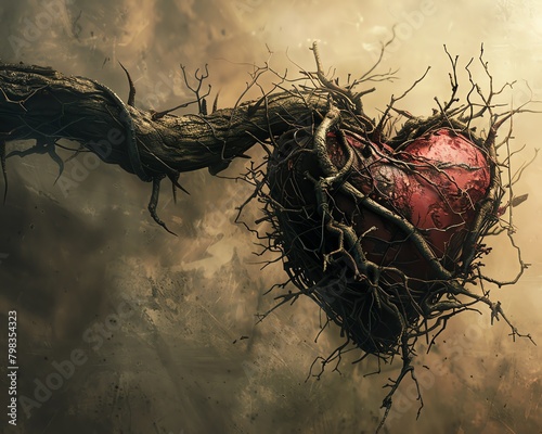 Surreal depiction of a heart wrapped in dark vines, thorns piercing through, representing the pain and suffering often hidden in relationships