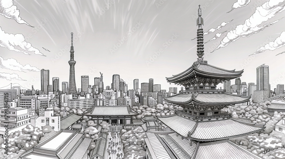 a minimalist line drawing Japanese painting with a black on white background outlining a scene of Sensoji Temple in Tokyo. A bird's eye view a minimalist line drawing Japanese painting with a black on white background outlining a scene of Sensoji Temple in Tokyo. A bird's eye view