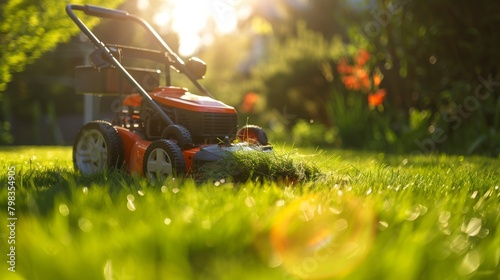 Lawnmower and a full bin of grass clippings on a sunlit garden lawn.