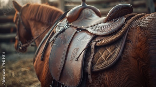 Horse saddle detailed in soft light whispers tradition. photo