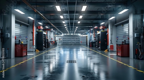 Modern garage interior equipped for automotive maintenance.