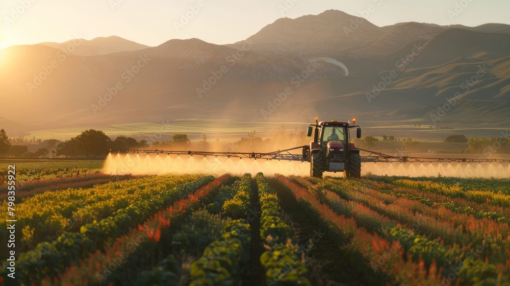 Tractor spraying crops in morning light with mountain backdrop. Tractor spraying crops in morning light with mountain backdrop.
