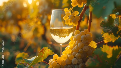 Warm evening light on a glass of white wine with ripe grapes. photo