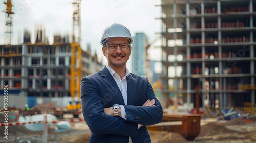 a smiling and confident contractor at construction site, wearing a formal blue suit and white safety helmet