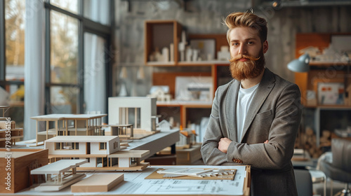 portrait of a young male architect in his architecture design studio office, with buildings 3D models, architectural firm, student © Luluraschi