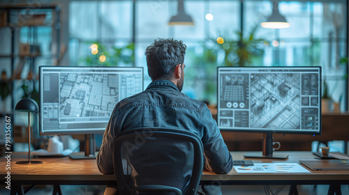 rear view of architect working on 3D rendering with a desktop computer, design studio