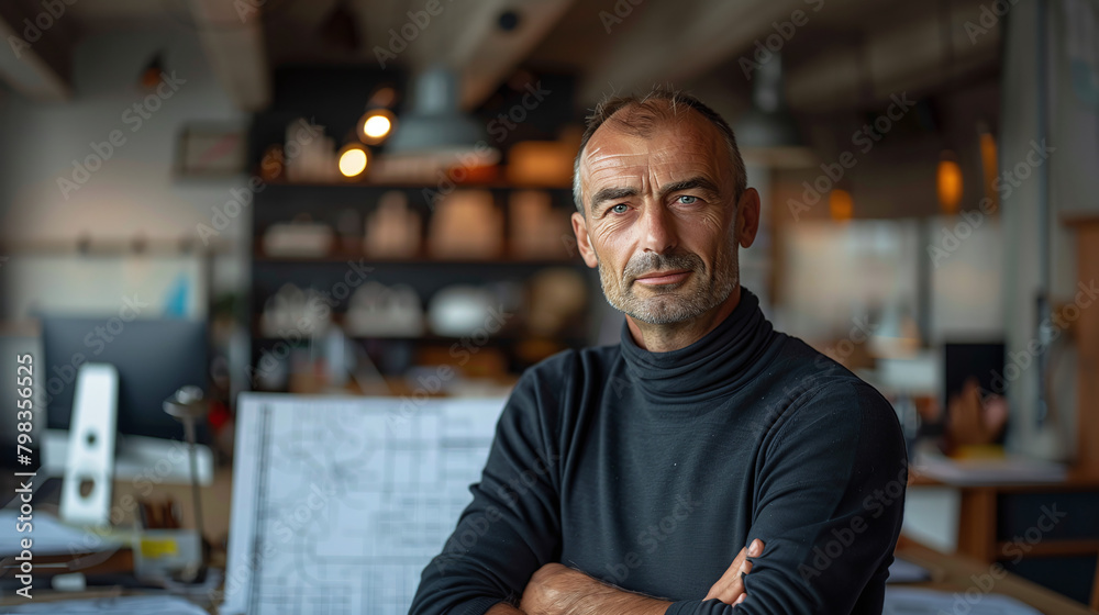 portrait of a mid-aged male architect in his architecture design studio office, architectural firm, professional, portrait of a mid-aged male architect in his architecture design studio office, architectural firm, professional,