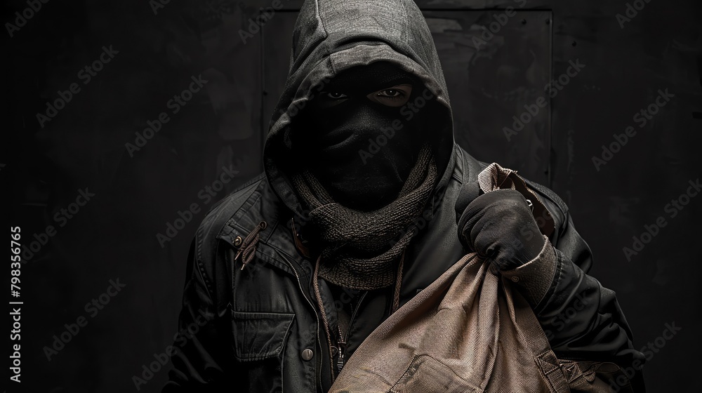 A bank robber in a dark hood and mask holding a bag of loot, standing against a black background with a subtle outline of a bank door A bank robber in a dark hood and mask holding a bag of loot, standing against a black background with a subtle outline of a bank door
