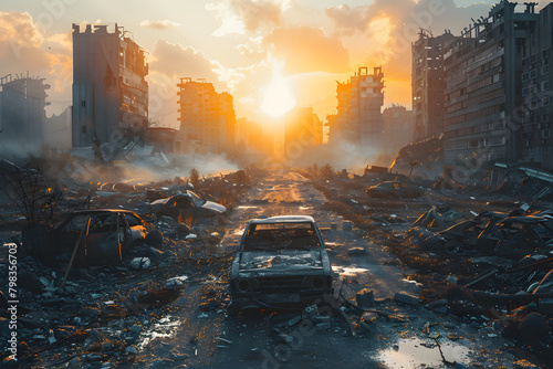 A post-apocalyptic scene of a ruined city with destroyed buildings and blown up skyscrapers.