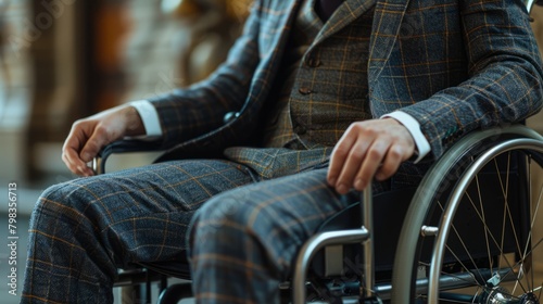 Professional Grace. The Striking Contrast of Sharp Business Attire with the Sleek Lines of a Modern Wheelchair