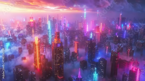 3D render of a futuristic cityscape with neon lights and colorful rays piercing through a misty atmosphere