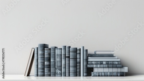 Arrange the pile of grey colors books on the shelf. Position the books in a natural, slightly uncluttered way. Place the shelf against a clean, white background to make the colors and details 