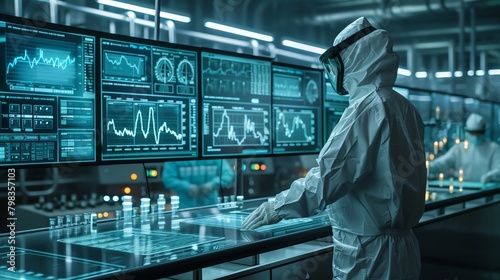 A scientist in a sterile suit overseeing the production line of a biotechnology plant, with digital screens showing real-time data